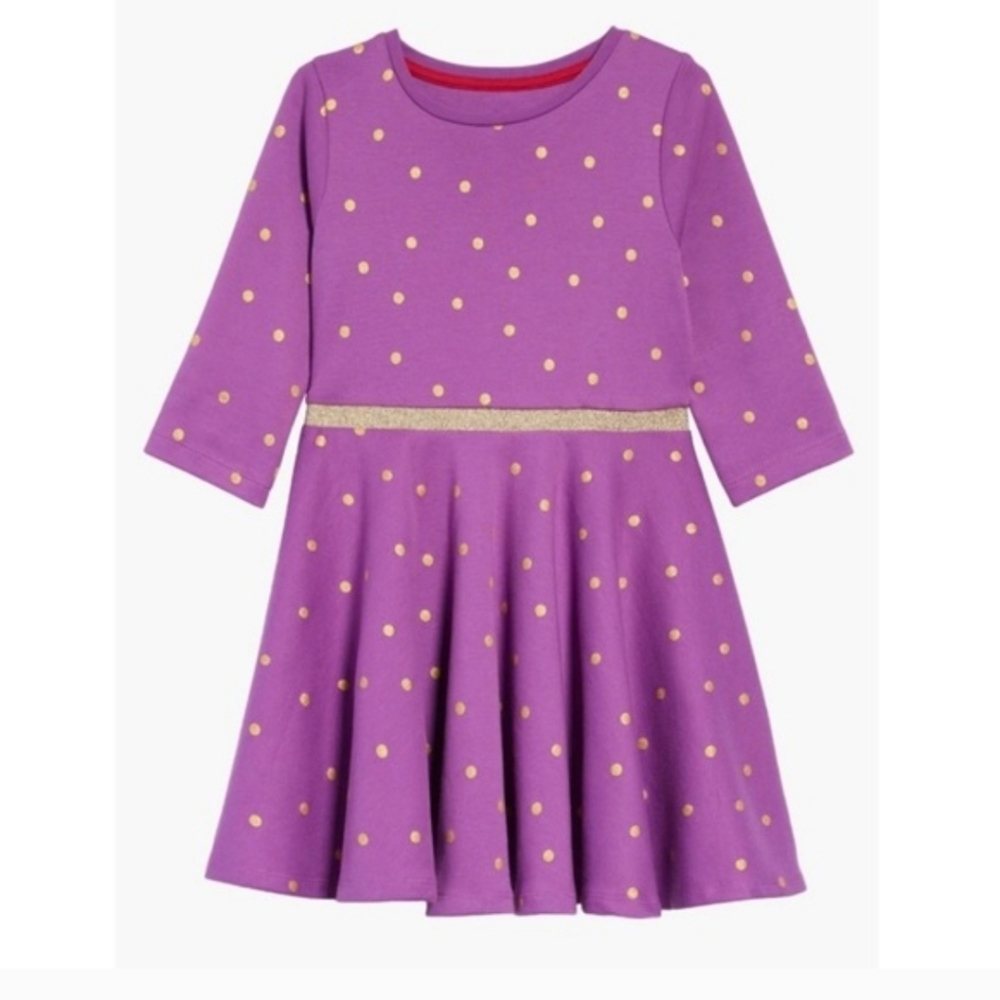 Mini Boden Gold Foil Purple Polka Dot Spotty Skater Dress 11-12y NWT